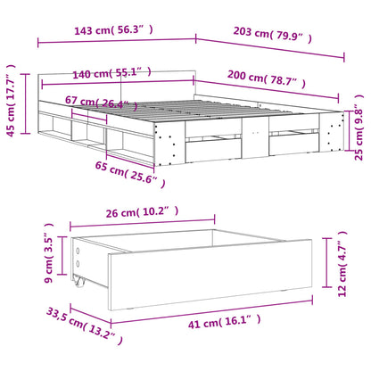 Bed Frame with Drawers without Mattress Grey Sonoma 140x200 cm