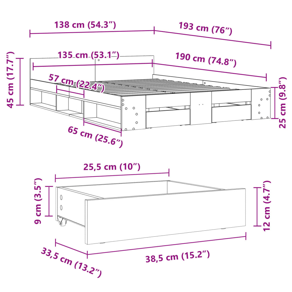 Bed Frame with Drawers without Mattress Concrete Grey 135x190 cm Double