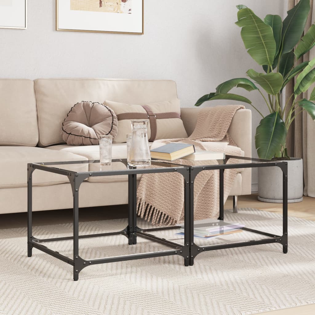 Coffee Tables with Transparent Glass Top 2 pcs 50x50x40 cm Steel