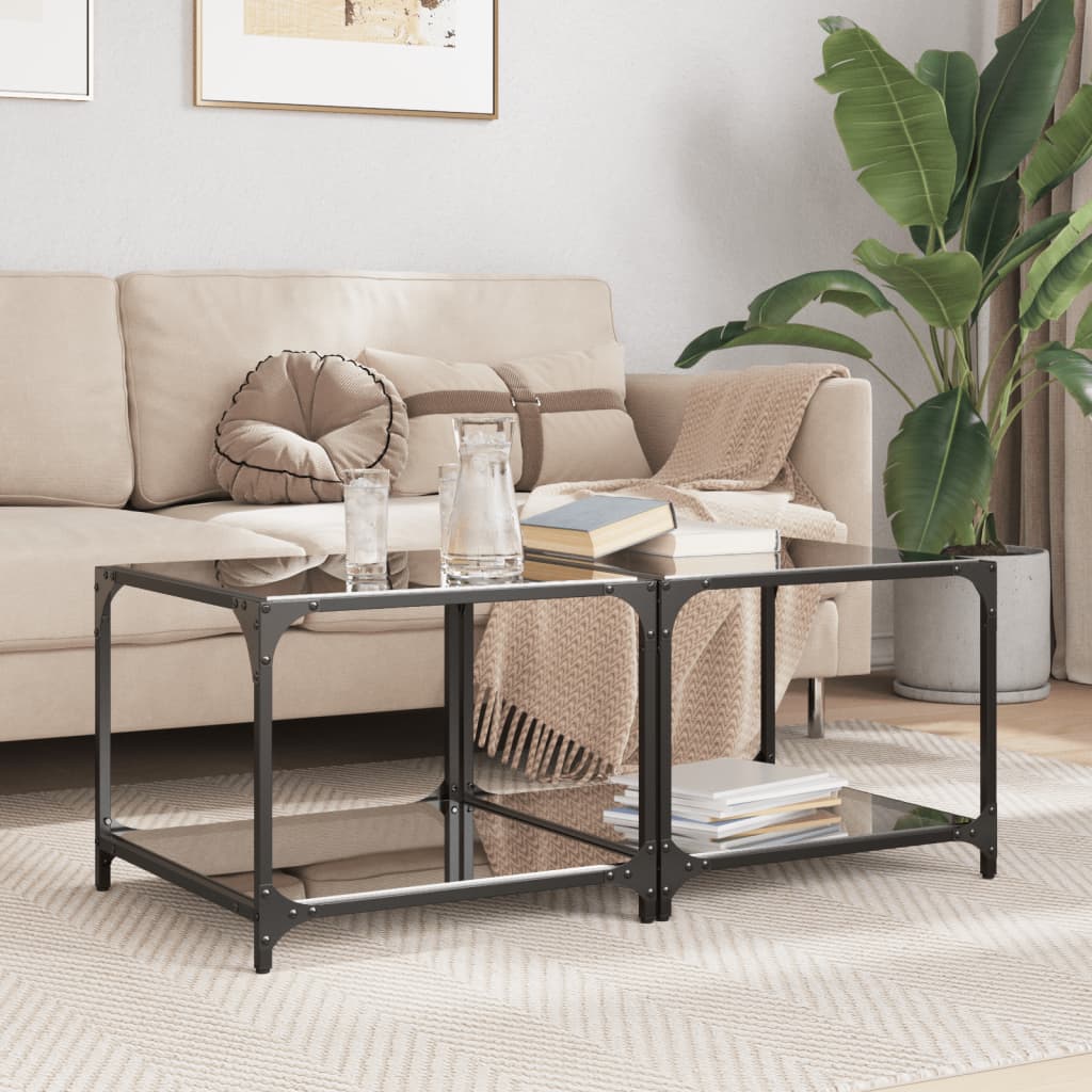 Coffee Tables with Black Glass Top 2 pcs 50x50x40 cm Steel