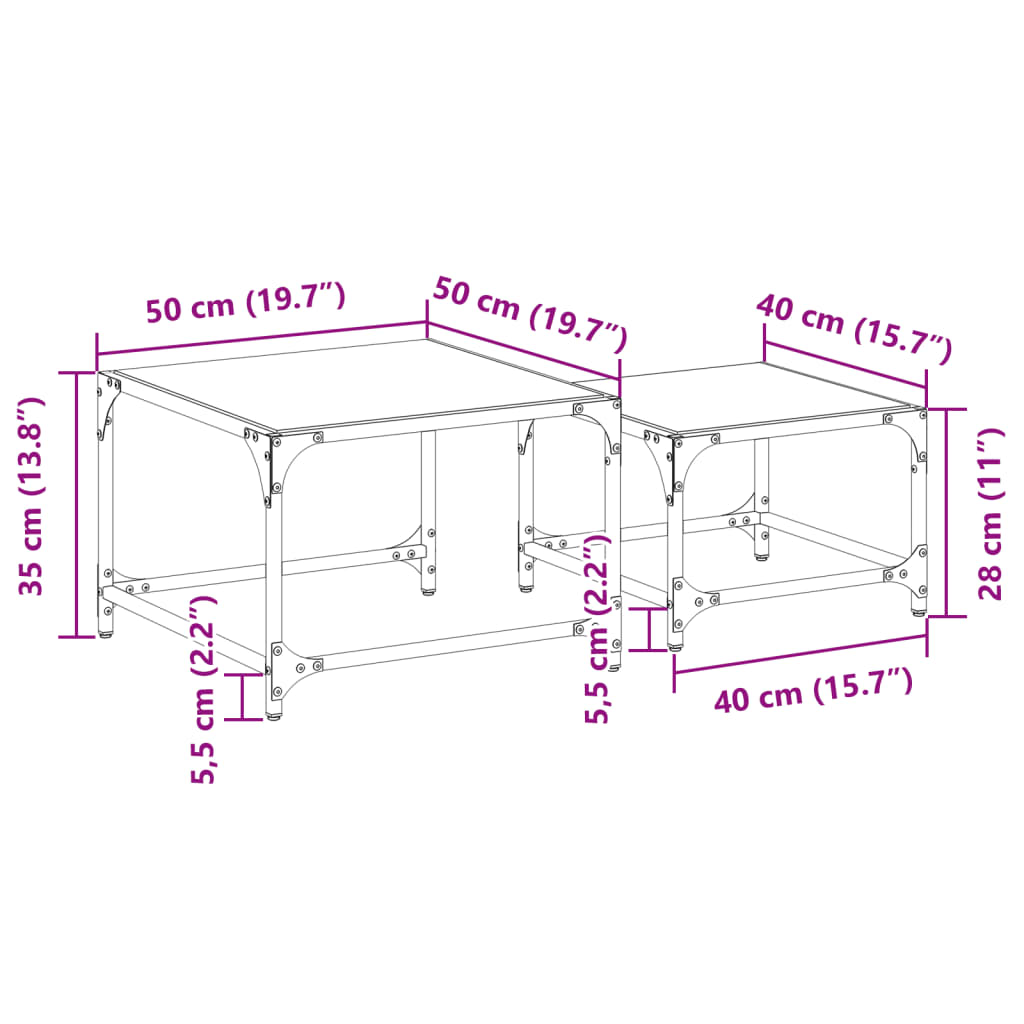 Nesting Coffee Tables 2 pcs with Transparent Glass Top Steel