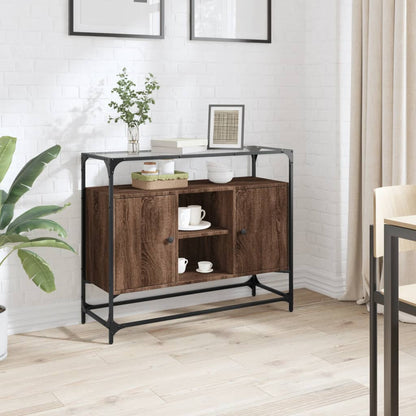 Sideboard with Glass Top Brown Oak 98x35x81 cm Engineered Wood