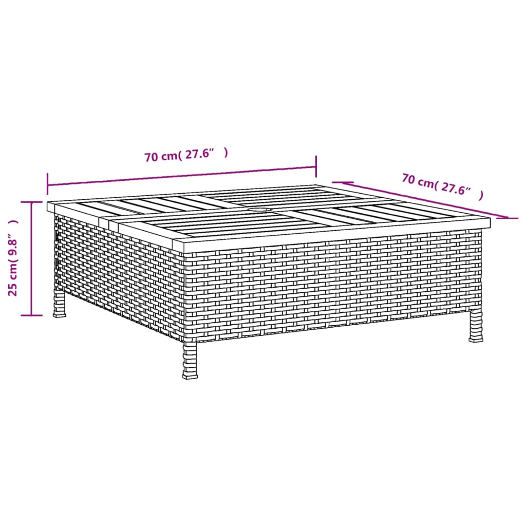 Garden Table Grey 70x70x25 cm Rattan and Acacia Wood