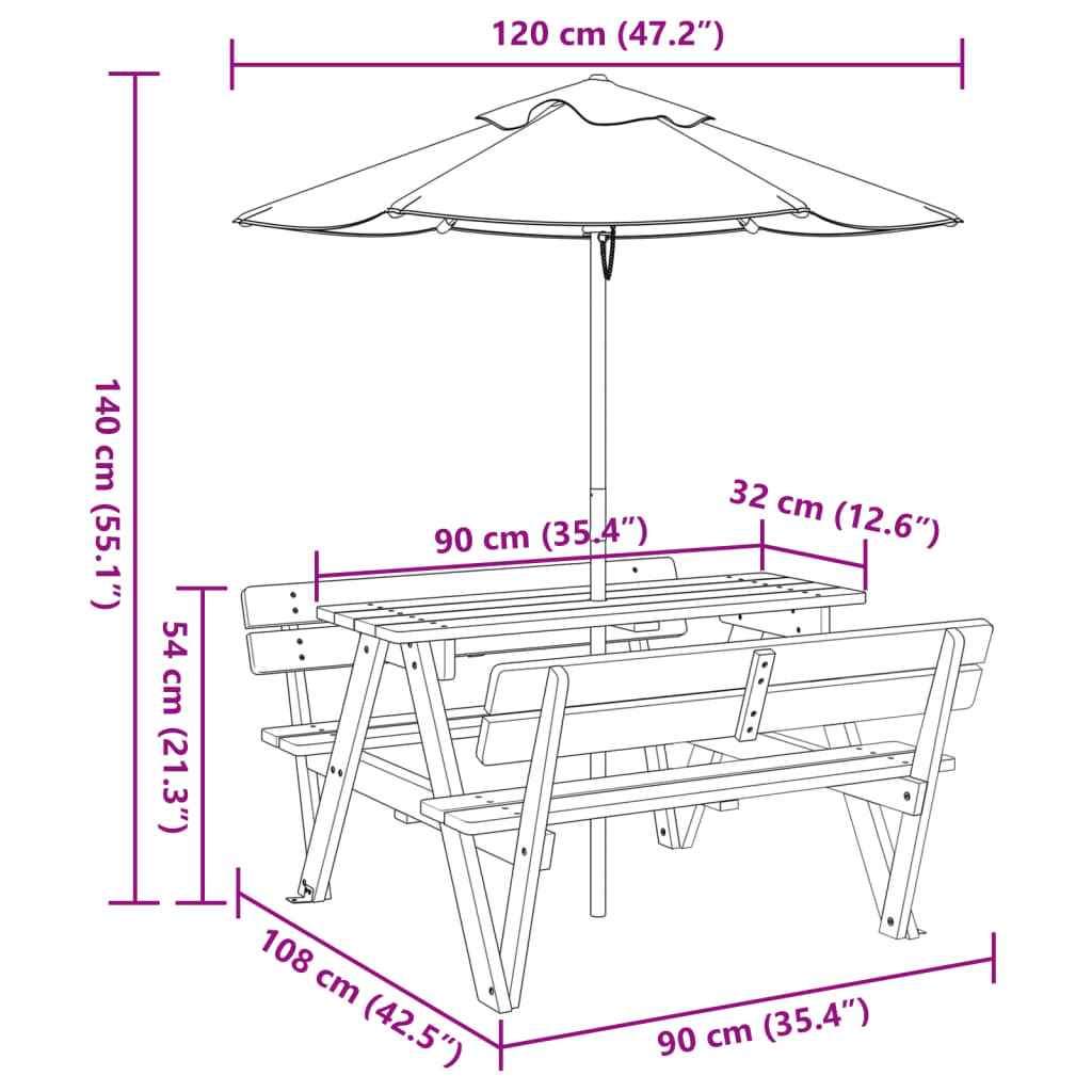 Picnic Table for 4 Kids with Umbrella Solid Wood Fir