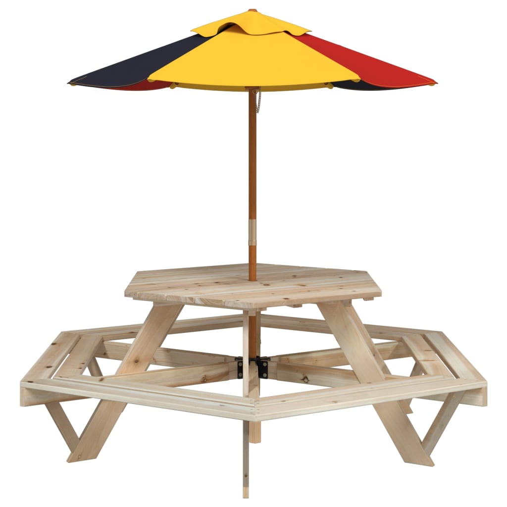 Picnic Table for 6 Kids with Umbrella Hexagon Solid Wood Fir