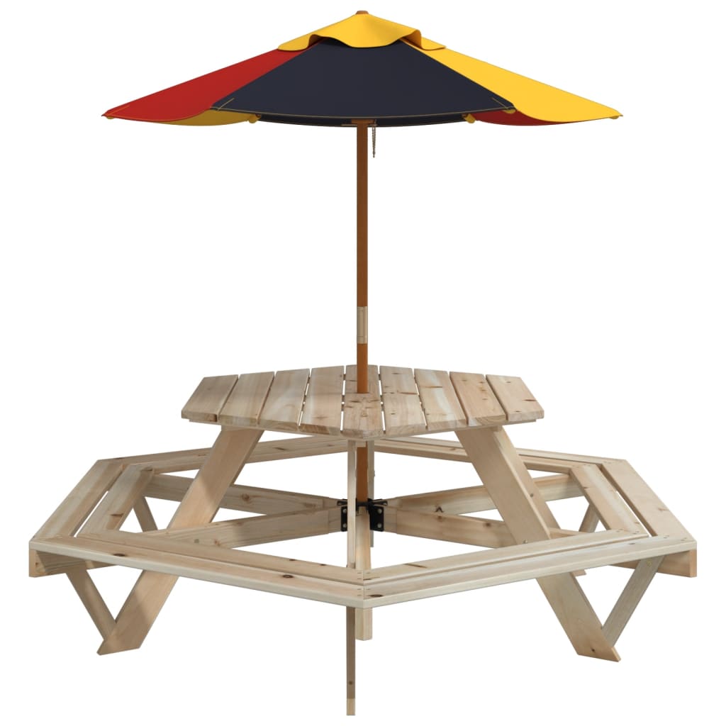 Picnic Table for 6 Kids with Umbrella Hexagon Solid Wood Fir