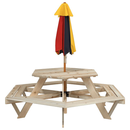 Picnic Table for 6 Kids with Umbrella Hexagon Solid Wood Fir