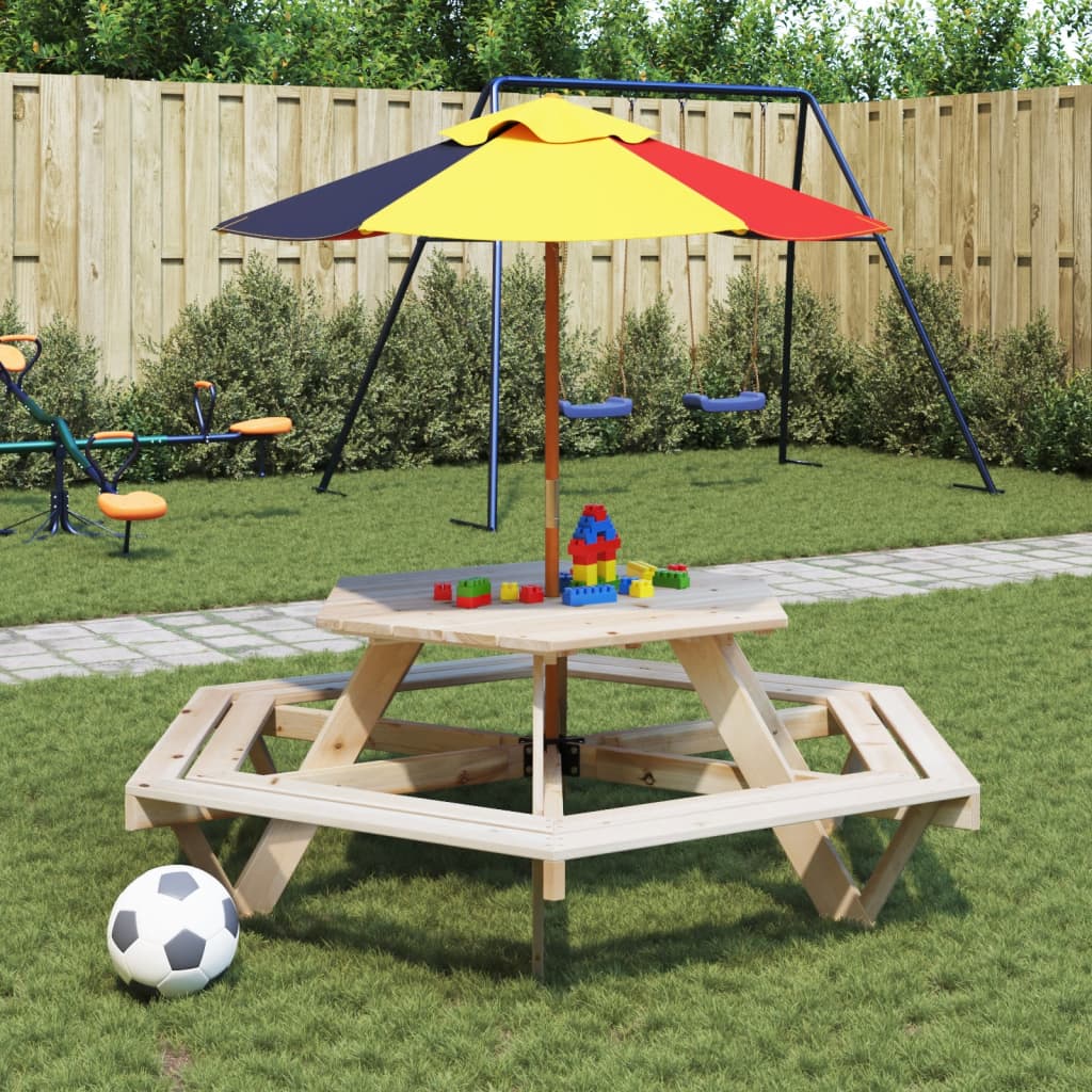 Picnic Table for 6 Kids with Umbrella Hexagon Solid Wood Fir