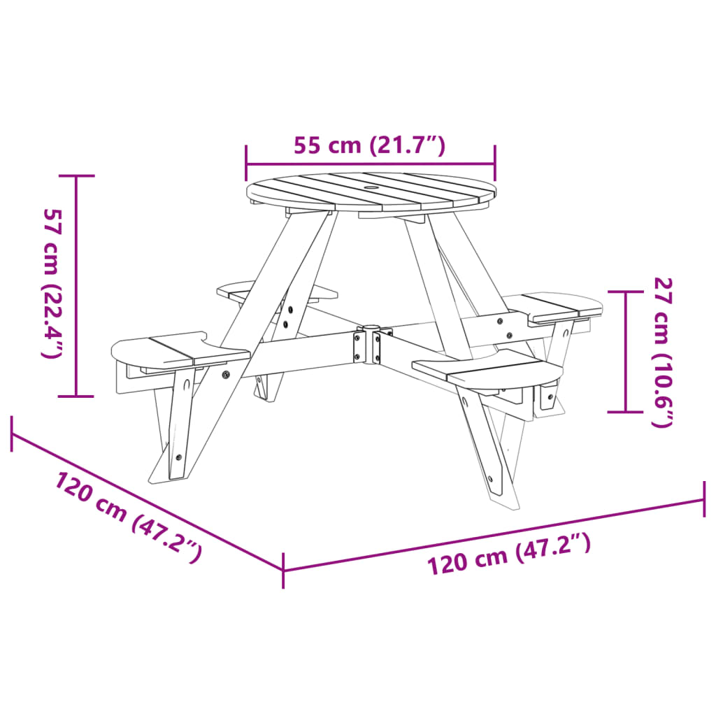 Picnic Table for 4 Kids with Umbrella Hole Round Solid Wood Fir