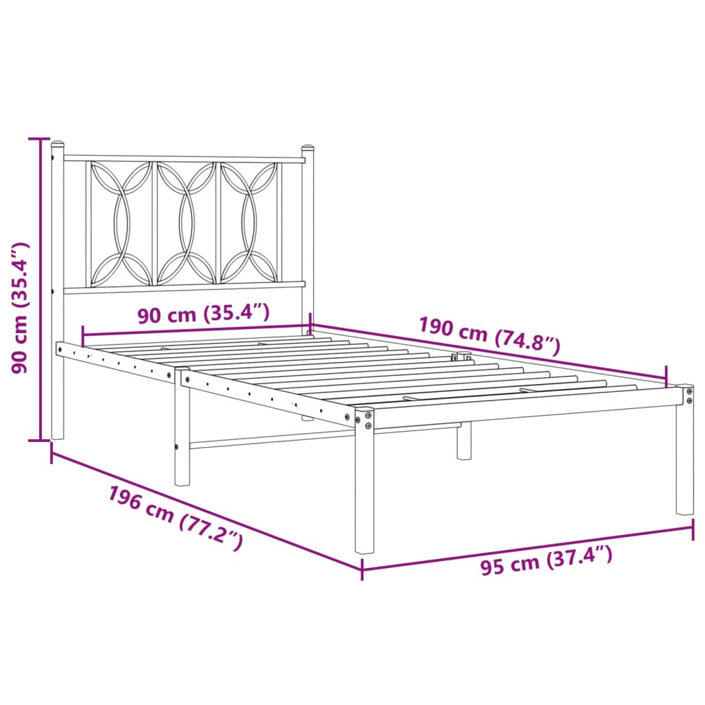 Metal Bed Frame without Mattress with Headboard Black 90x190cm