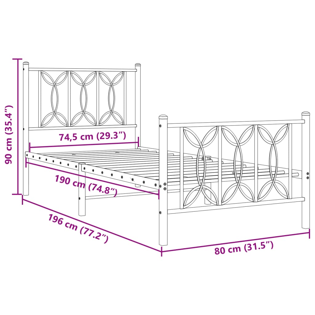 Metal Bed Frame without Mattress with Footboard Black 75x190cm
