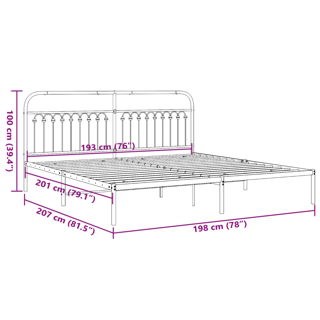 Metal Bed Frame without Mattress with Headboard Black 193x203cm