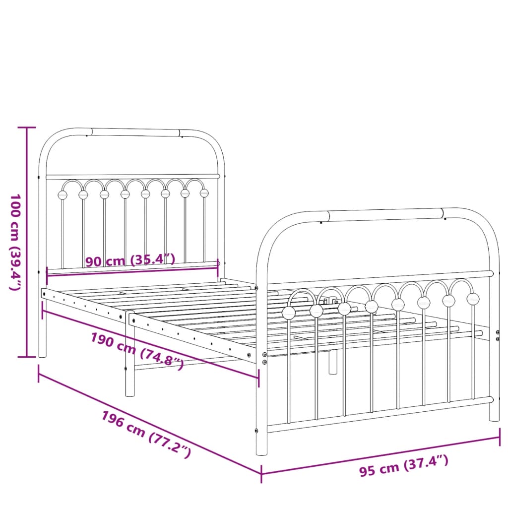 Metal Bed Frame without Mattress with Footboard Black 90x190cm