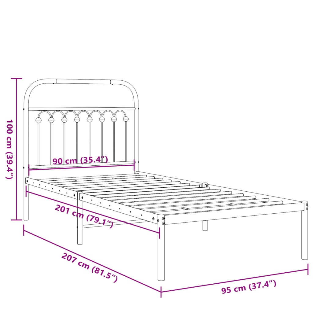 Metal Bed Frame without Mattress with Headboard White 90x200cm