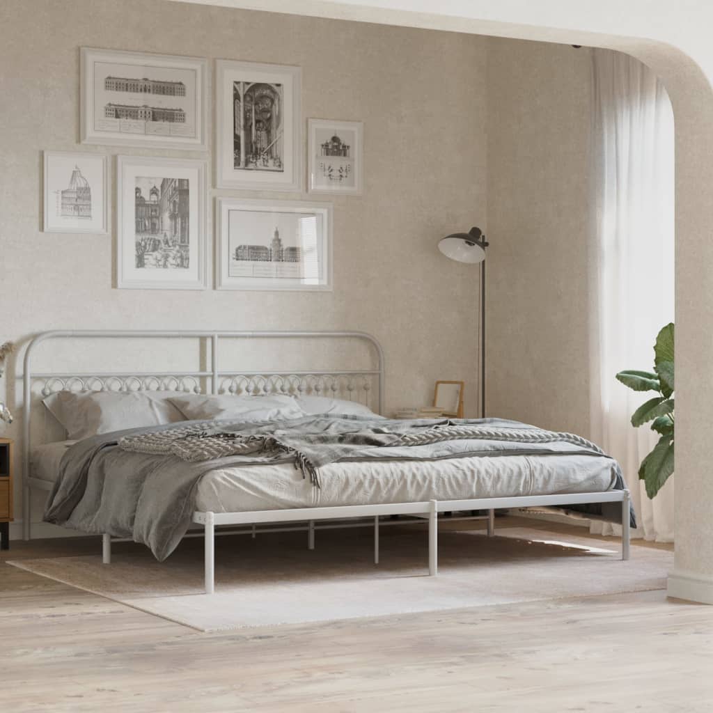 Metal Bed Frame without Mattress with Headboard White 200x200cm