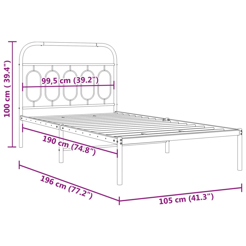 Metal Bed Frame without Mattress with Headboard Black 100x190cm