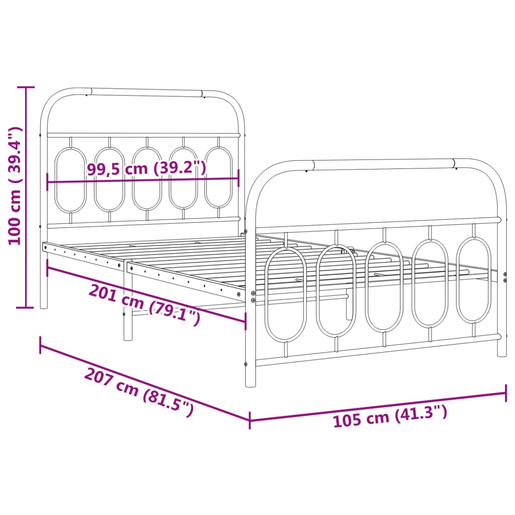 Metal Bed Frame without Mattress with Footboard White 100x200cm