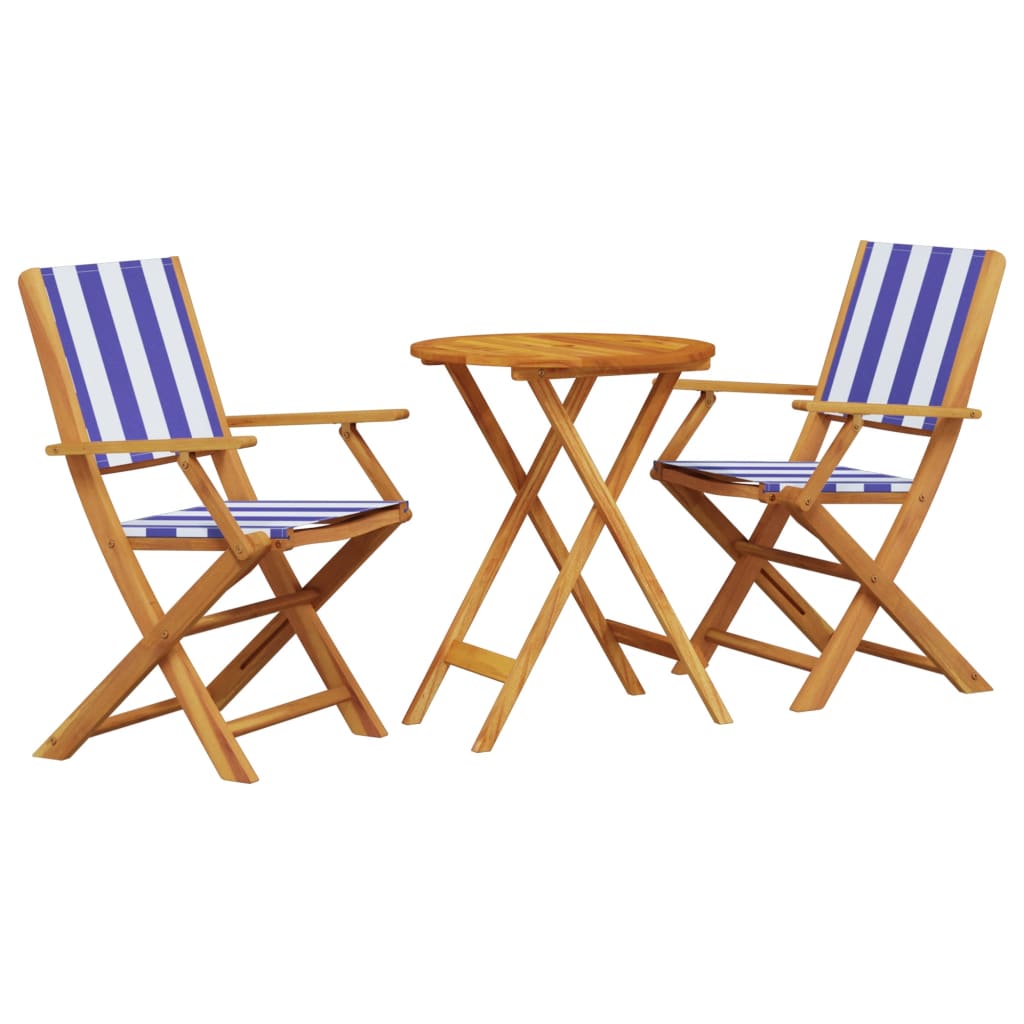 3 Piece Bistro Set Blue and White Fabric and Solid Wood