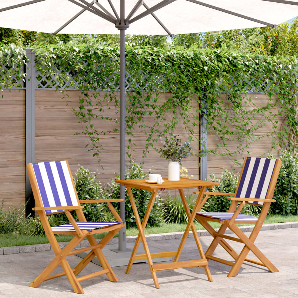 3 Piece Bistro Set Blue and White Fabric and Solid Wood