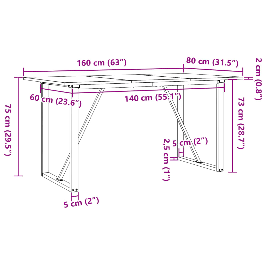 Dining Table O-Frame 160x80x75 cm Solid Wood Pine and Steel