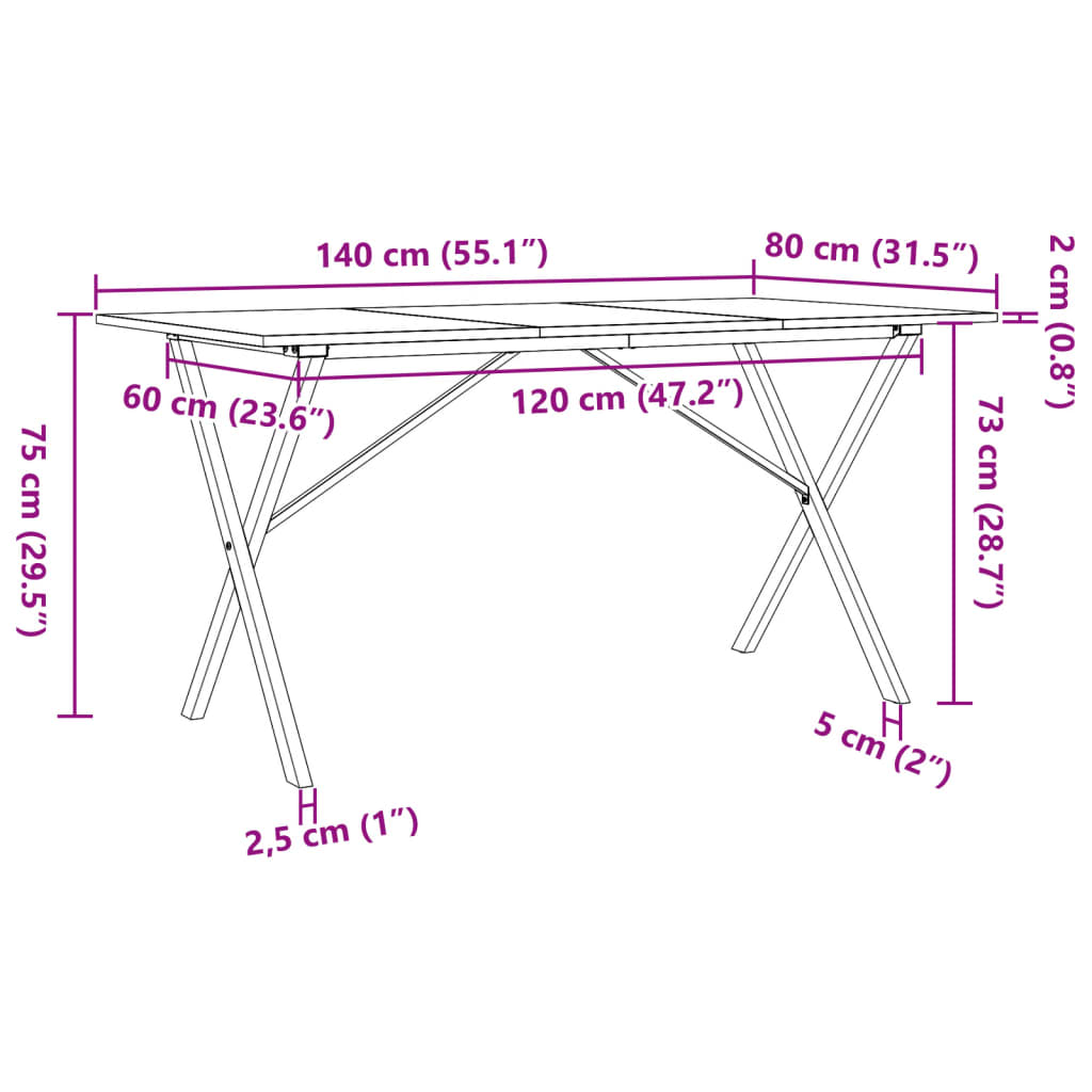 Dining Table X-Frame 140x80x75 cm Solid Wood Pine and Steel