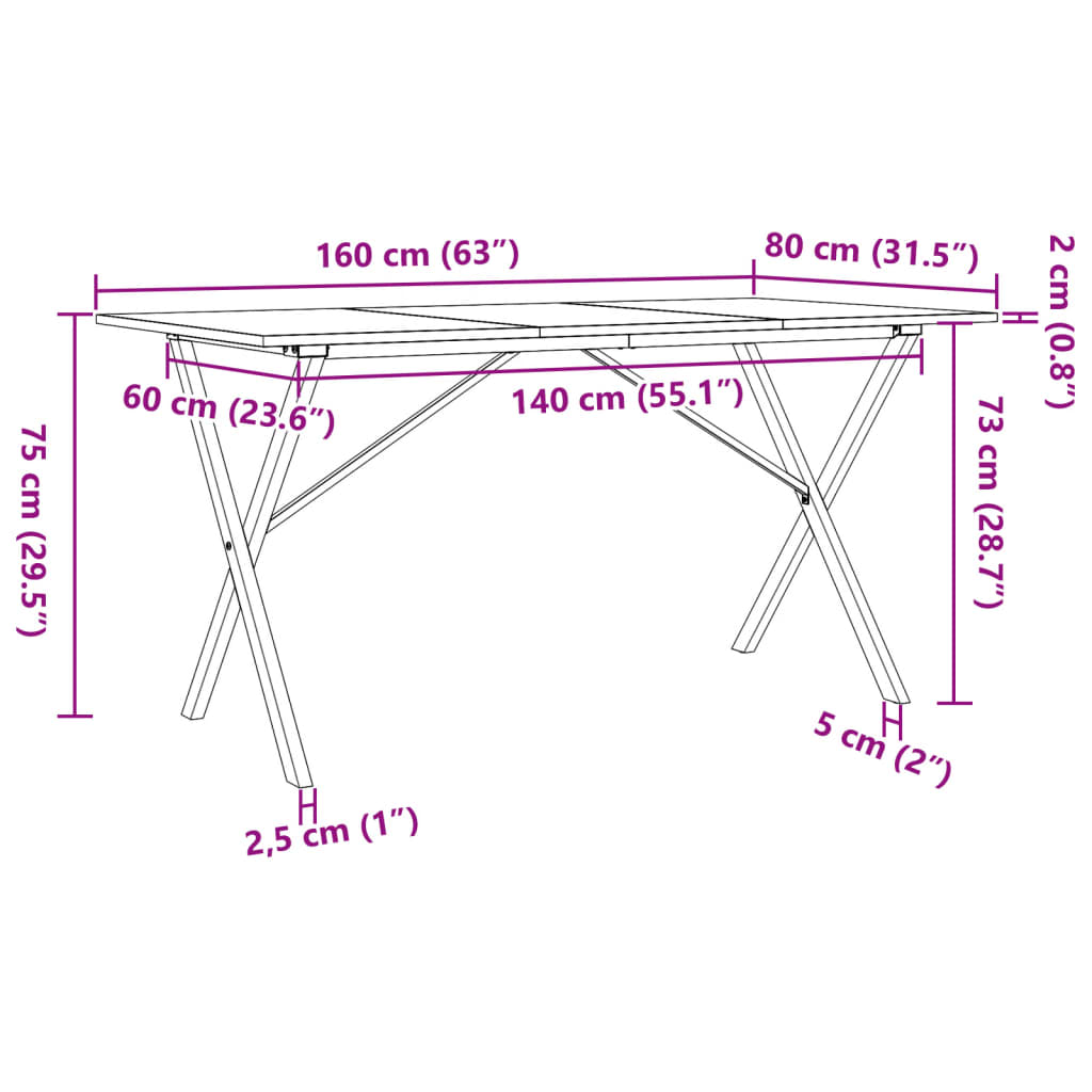 Dining Table X-Frame 160x80x75 cm Solid Wood Pine and Steel