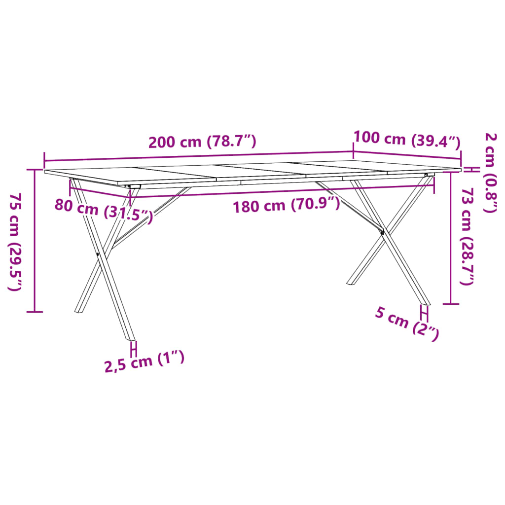 Dining Table X-Frame 200x100x75 cm Solid Wood Pine and Steel