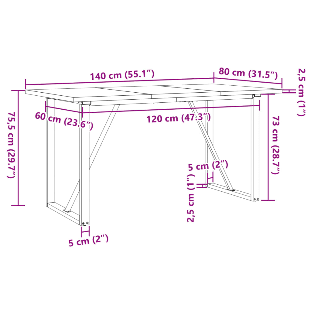 Dining Table O-Frame 140x80x75.5 cm Solid Wood Pine and Steel