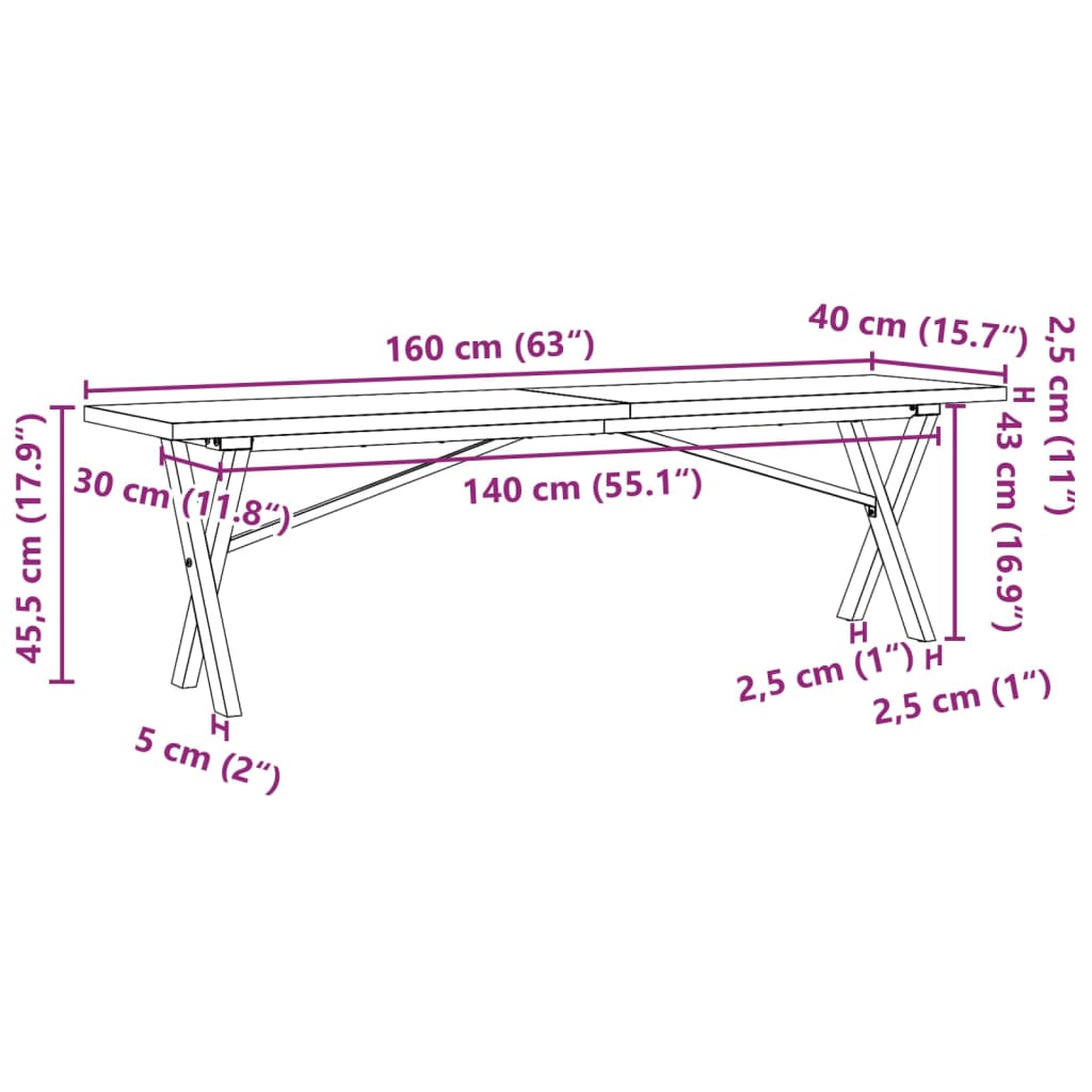 Coffee Table X-Frame 160x40x45.5 cm Solid Wood Pine and Steel