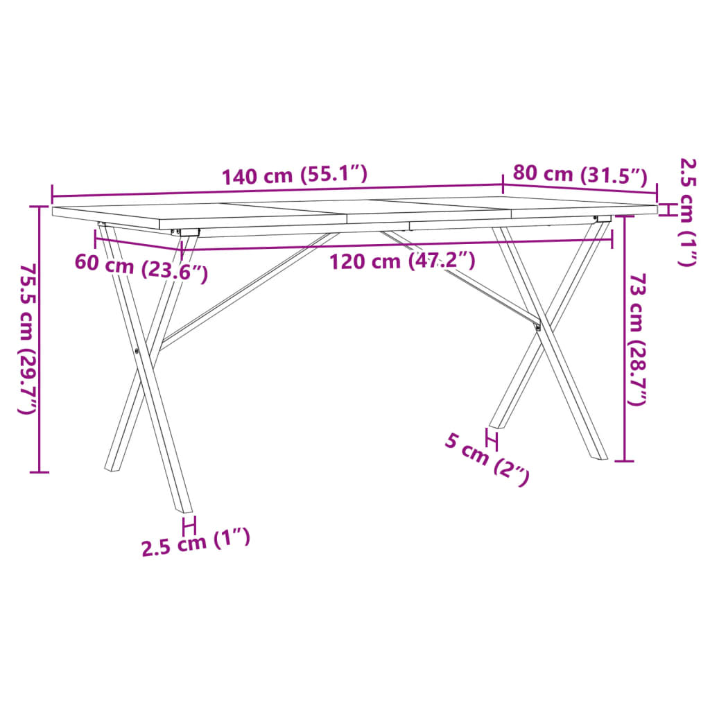 Dining Table X-Frame 140x80x75.5 cm Solid Wood Pine and Steel