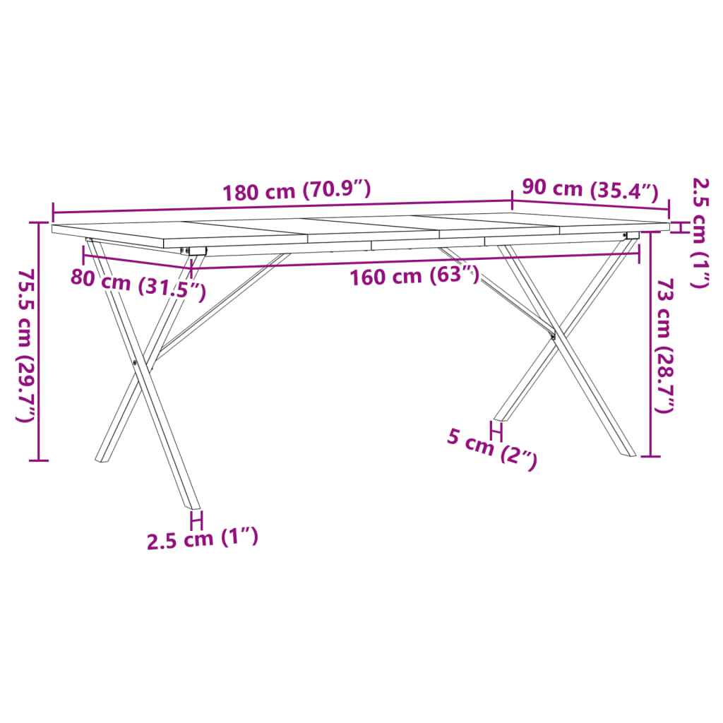 Dining Table X-Frame 180x90x75.5 cm Solid Wood Pine and Steel