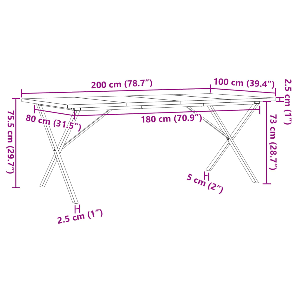 Dining Table X-Frame 200x100x75.5 cm Solid Wood Pine and Steel