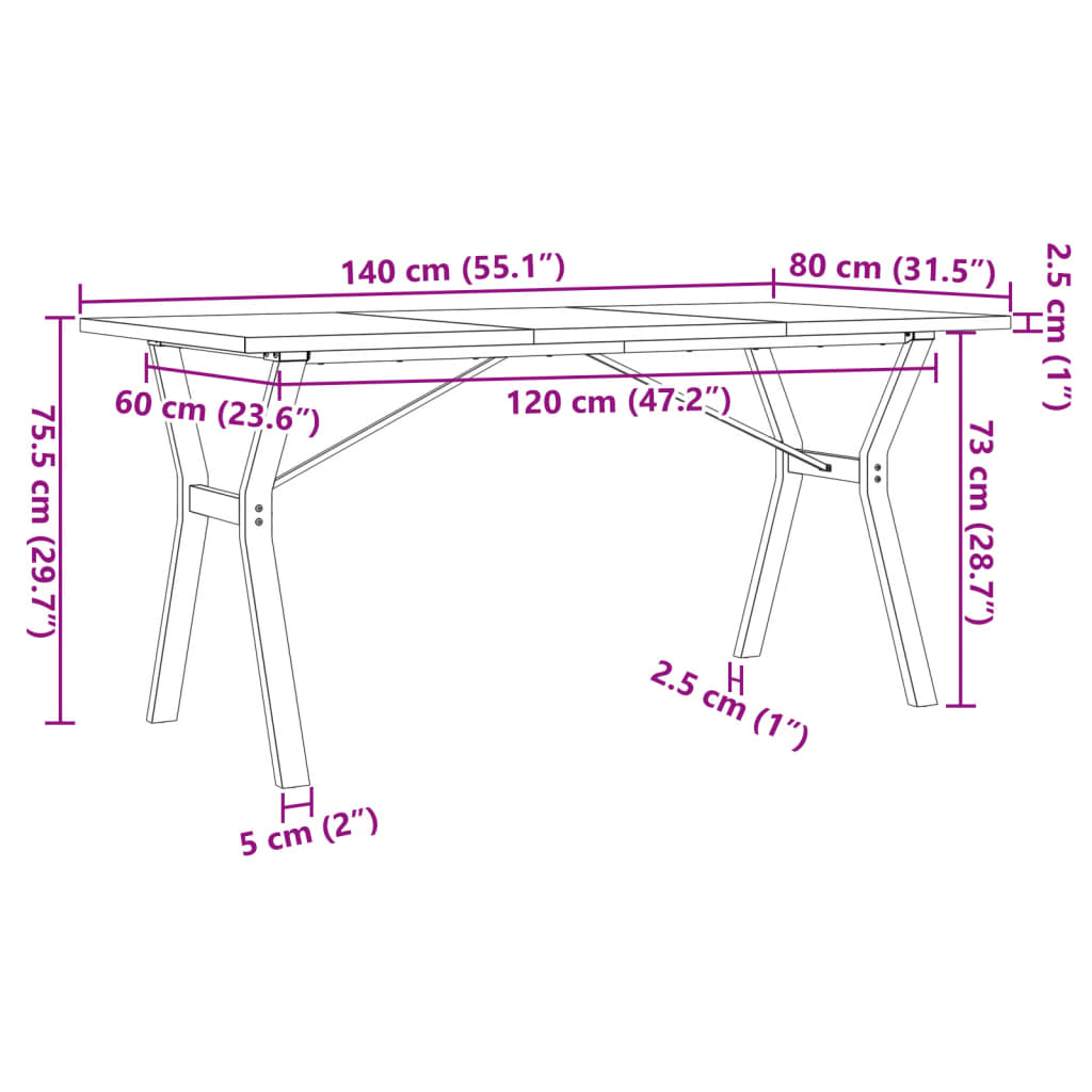 Dining Table Y-Frame 140x80x75.5 cm Solid Wood Pine and Steel