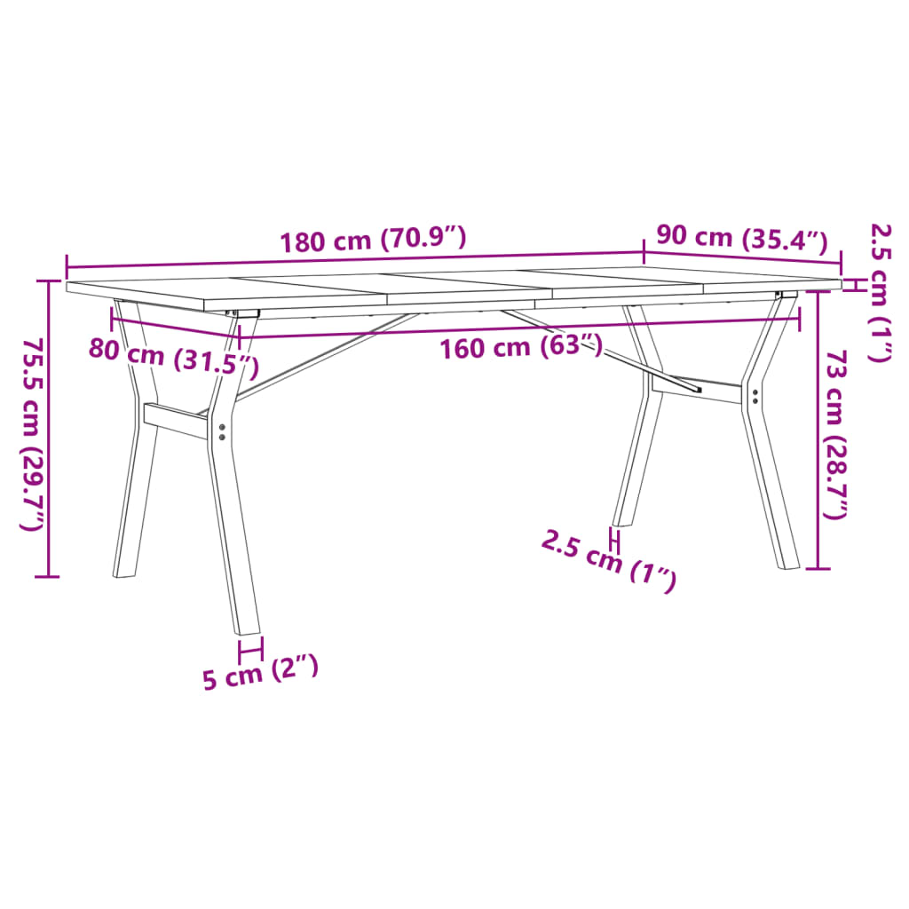 Dining Table Y-Frame 180x90x75.5 cm Solid Wood Pine and Steel