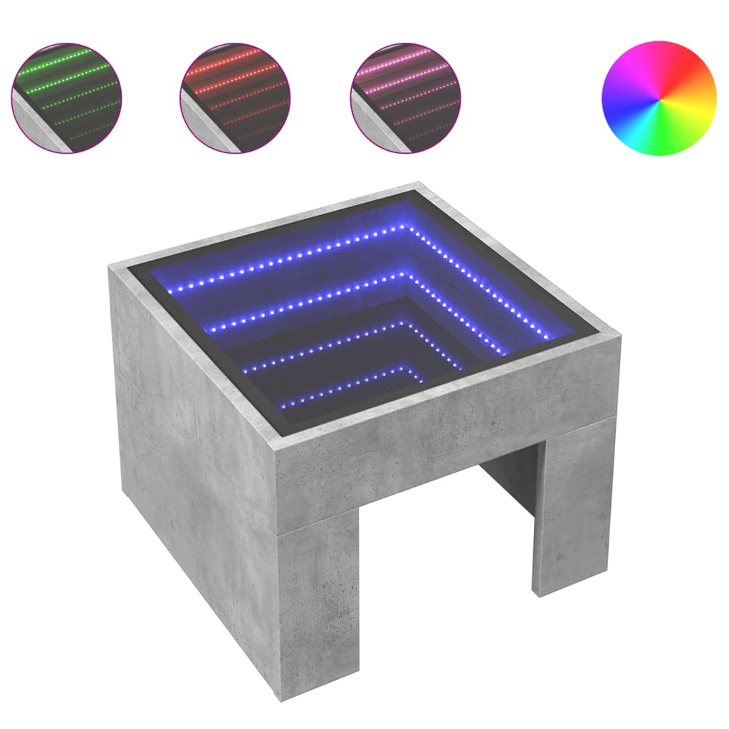 Coffee Table with Infinity LED Concrete Grey 40x40x30 cm