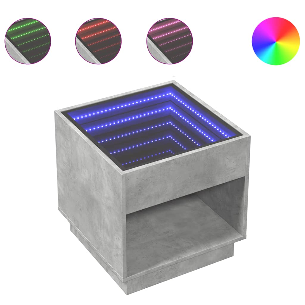 Coffee Table with Infinity LED Concrete Grey 50x50x50 cm