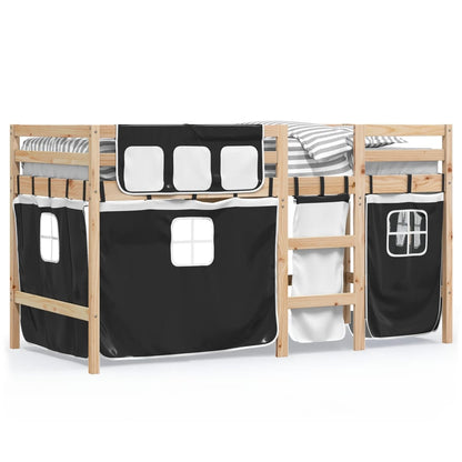 Kids' Loft Bed with Curtains White&Black 90x200 cm Solid Wood Pine