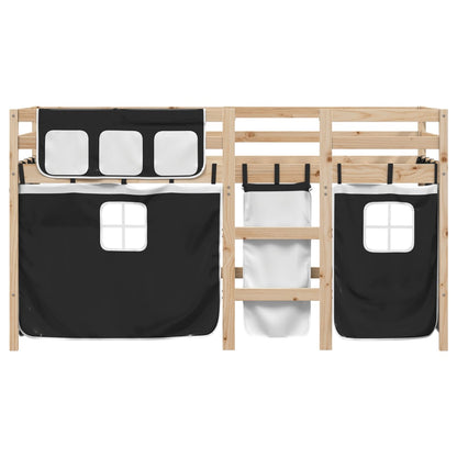 Kids' Loft Bed with Curtains White&Black 90x200 cm Solid Wood Pine
