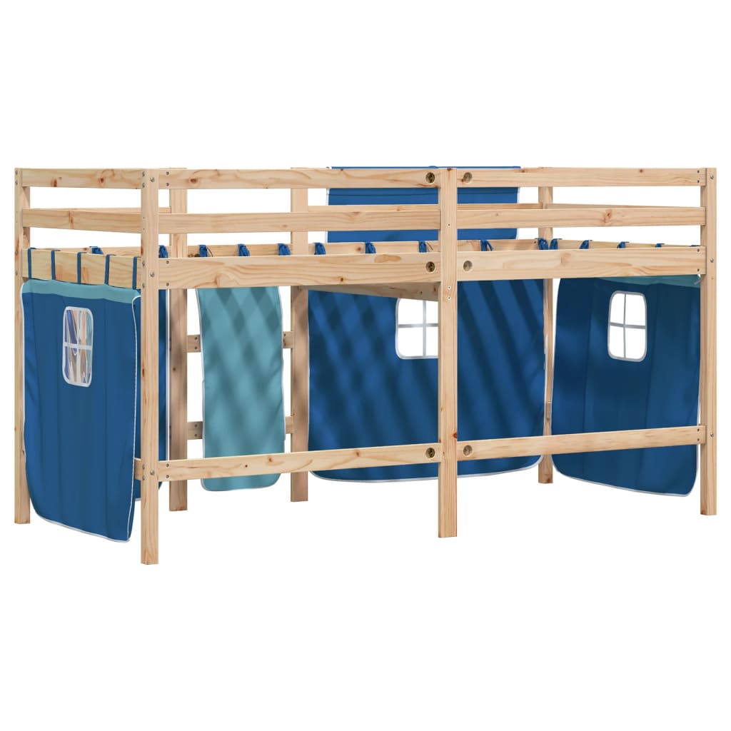 Kids' Loft Bed with Curtains Blue 90x190 cm Solid Wood Pine