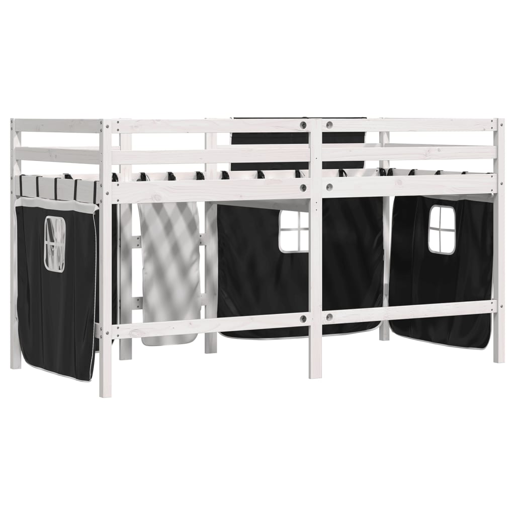 Kids' Loft Bed with Curtains White&Black 90x190 cm Solid Wood Pine