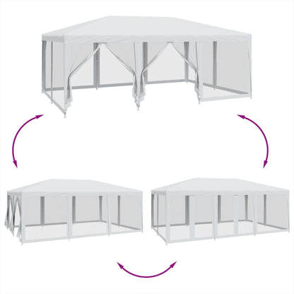 Party Tent with 10 Mesh Sidewalls White 6x4 m HDPE