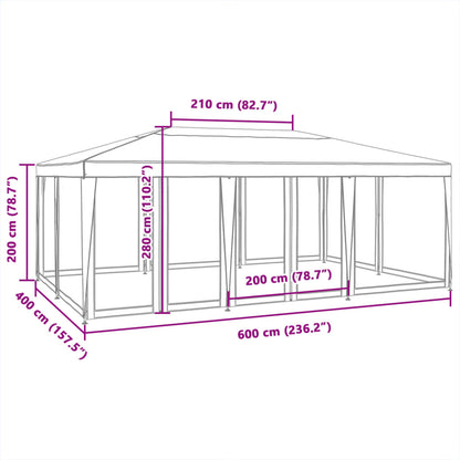 Party Tent with 10 Mesh Sidewalls White 6x4 m HDPE