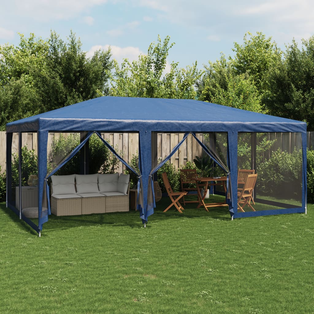 Party Tent with 10 Mesh Sidewalls Blue 6x4 m HDPE