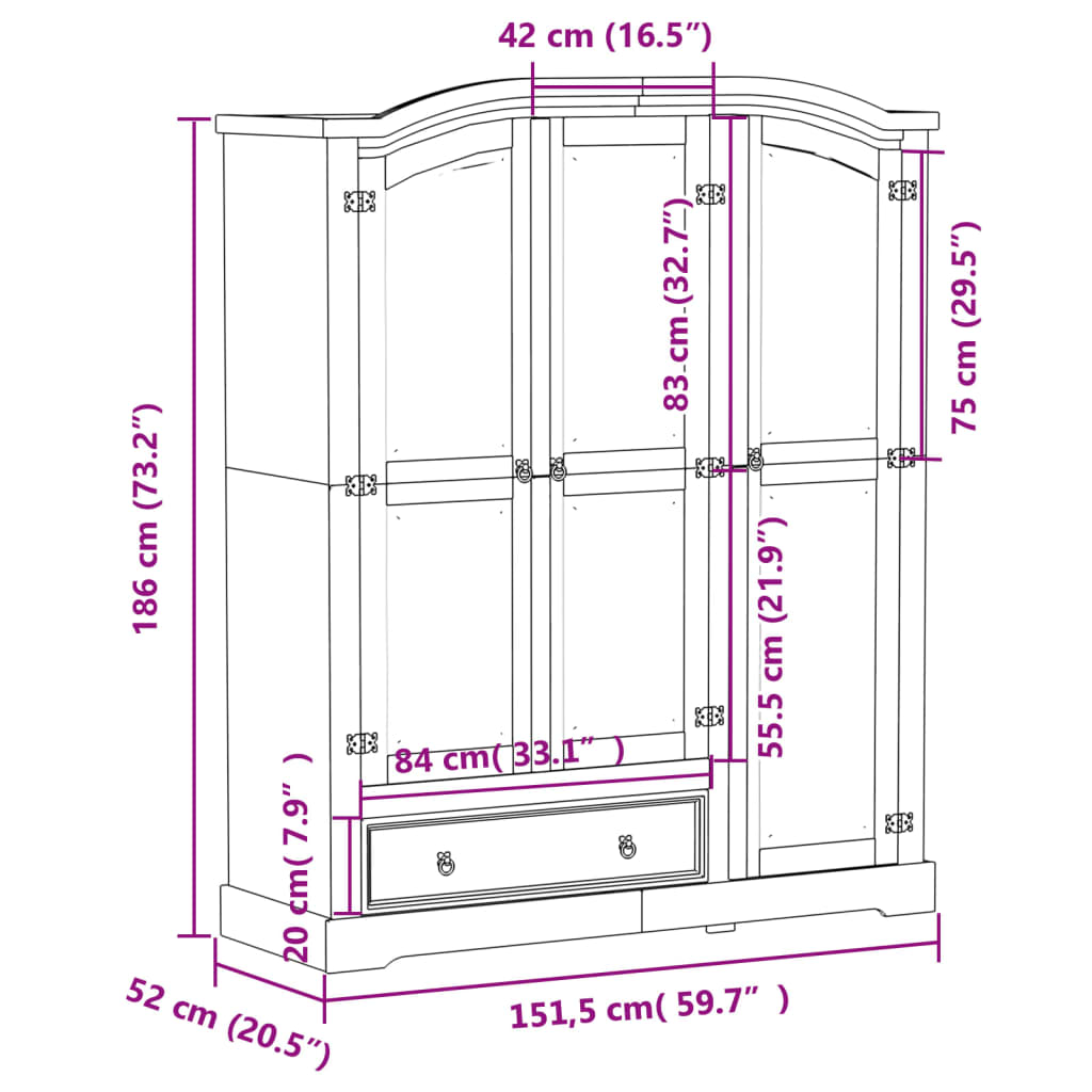 Wardrobe Corona 151.5x52x186 cm Solid Wood Pine