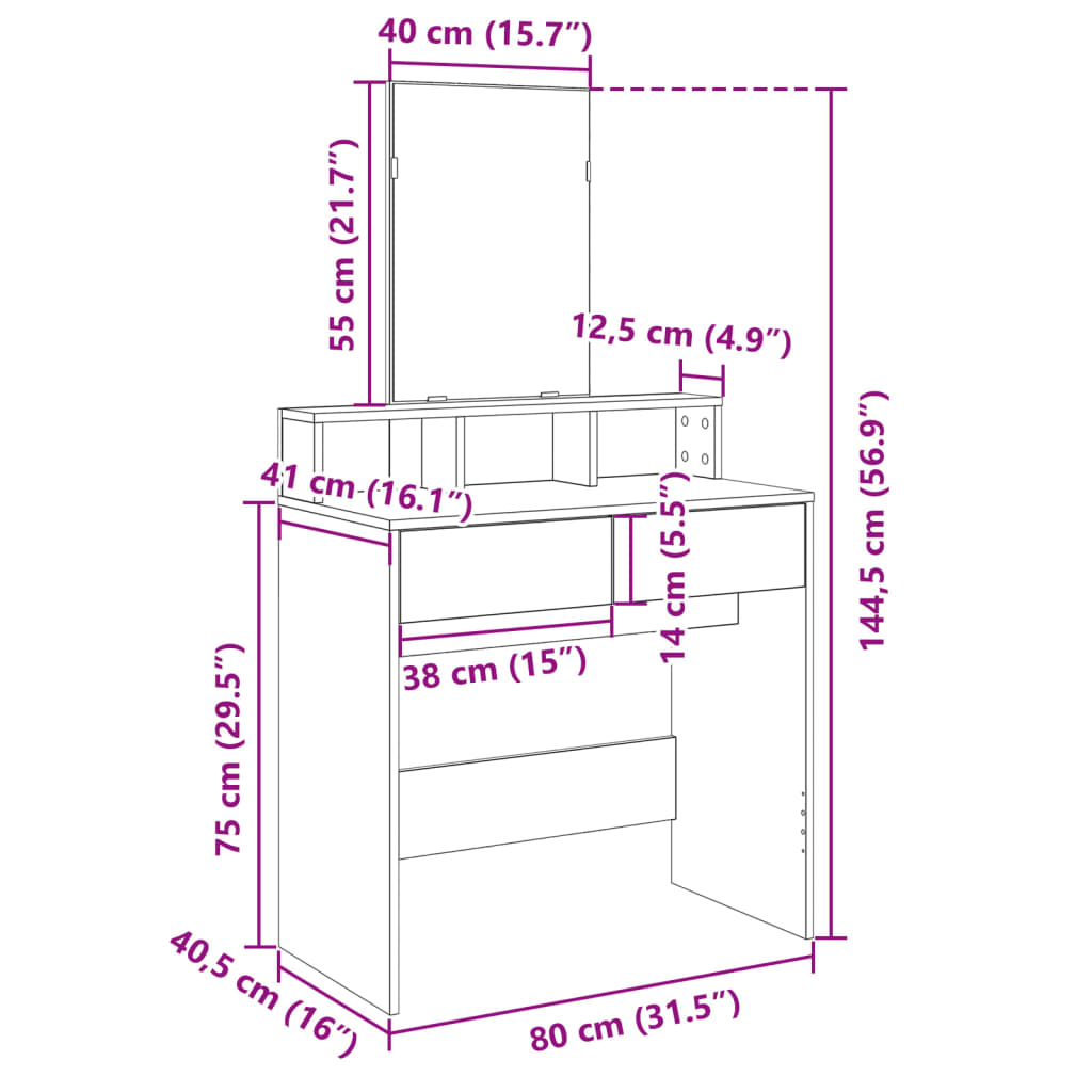 Dressing Table with Mirror Grey Sonoma 80x41x144.5 cm