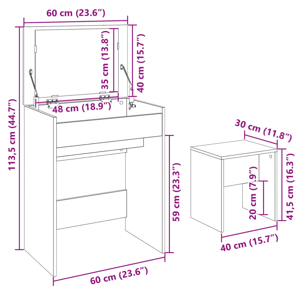 Dressing Table and Stool White 60x40x113.5 cm