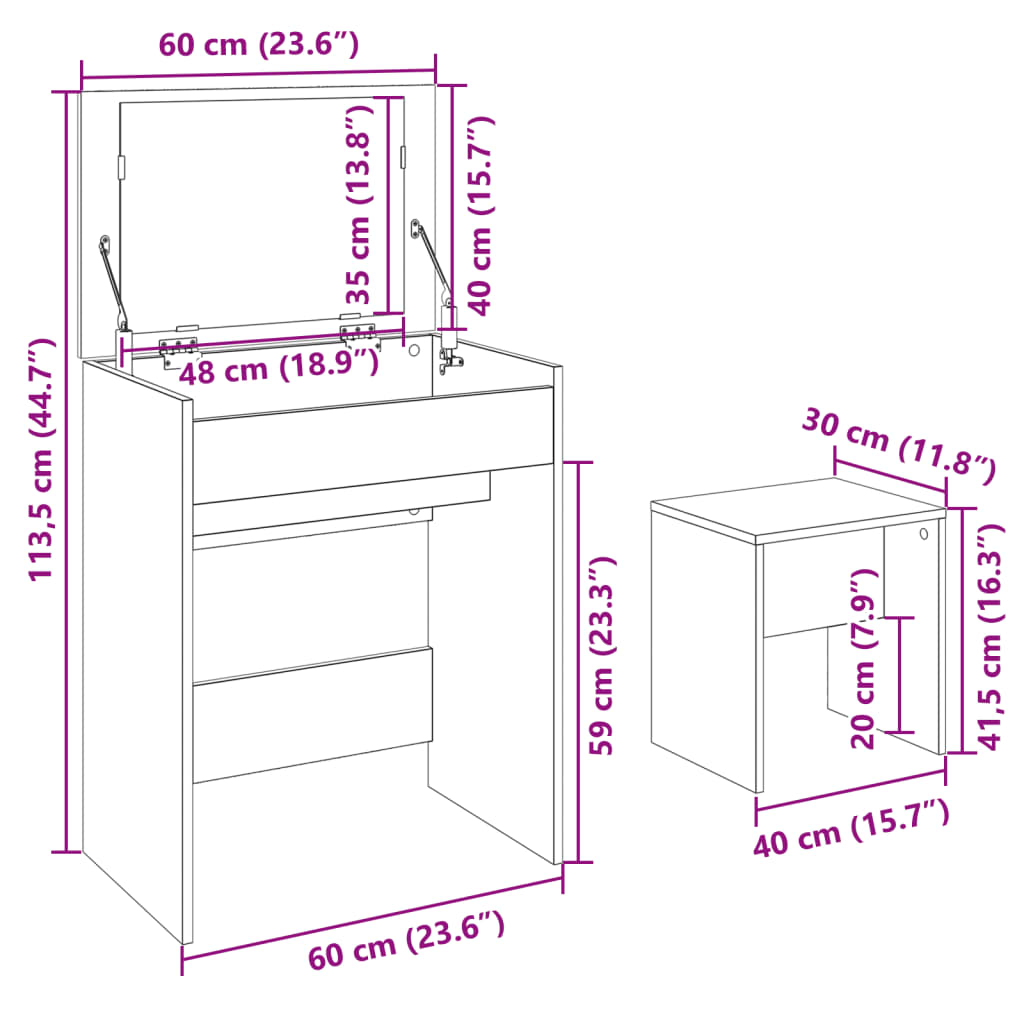 Dressing Table and Stool Sonoma Oak 60x40x113.5 cm