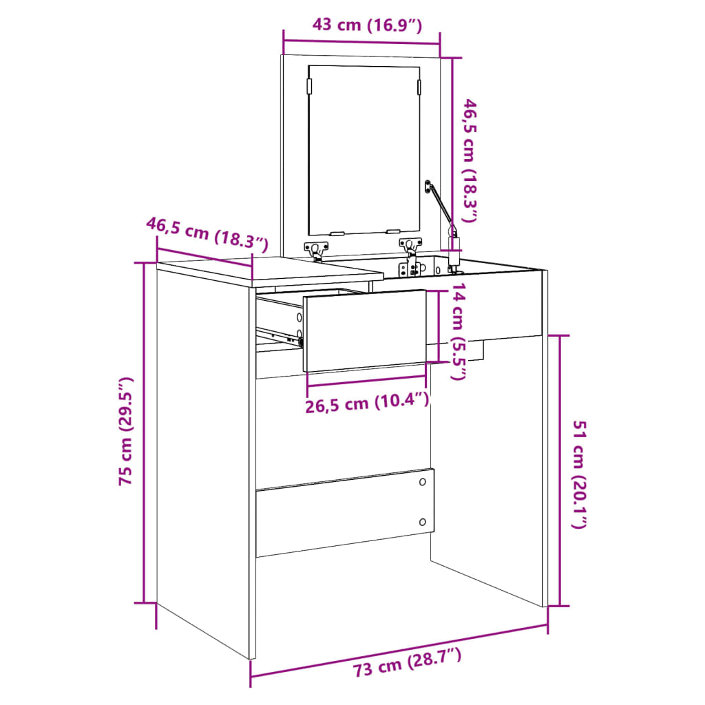 Dressing Table with Mirror Sonoma Oak 73x46.5x120 cm