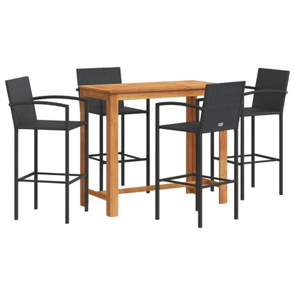 5 Piece Garden Bar Set Black Solid Wood Acacia and Poly Rattan