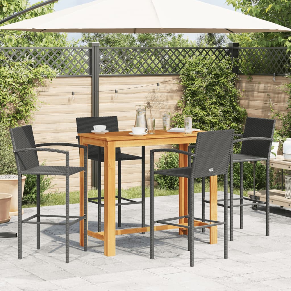 5 Piece Garden Bar Set Black Solid Wood Acacia and Poly Rattan